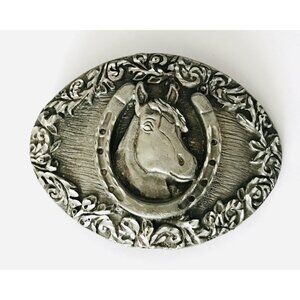 Vtg Horse Belt Buckle Horseshoe Race Winning Wreath Pewter EGE '93 USA Western